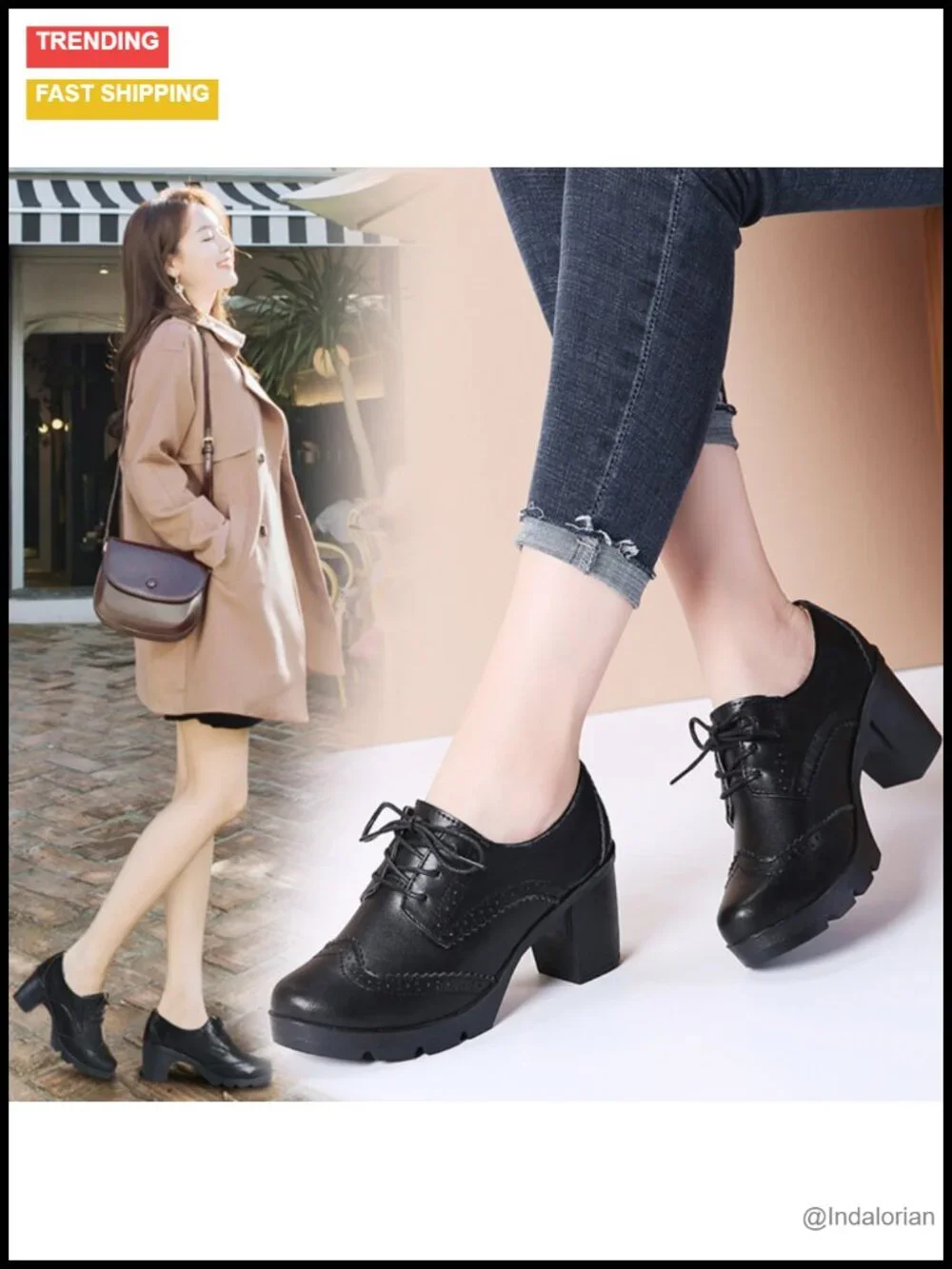 DADAWEN Women's Leather Classic Lace Up Platform Chunky Mid-Heel Square Toe